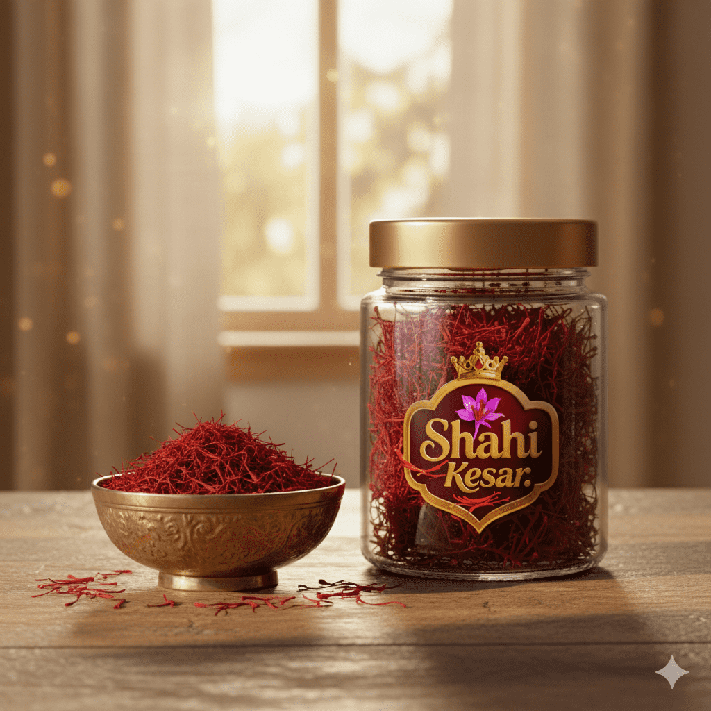 Pure Kashmiri saffron threads from Shahi Kesar, handpicked from Kashmir’s finest farms and displayed in a luxury glass jar.